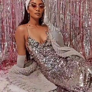Zara Silver Sequins Silver Pink Undertone Midi Dress New Years Eve Party Size S